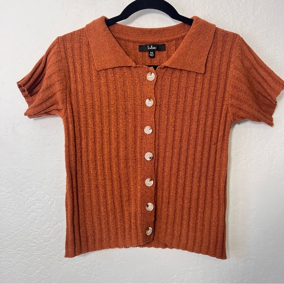 Lulus Pleasant Charm Brown Button-Up Short Sleeve Cardigan Sweater XS - Picture 7 of 12